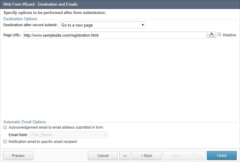 DataPage, Web Form Wizard, Destination and Emails, Screenshot