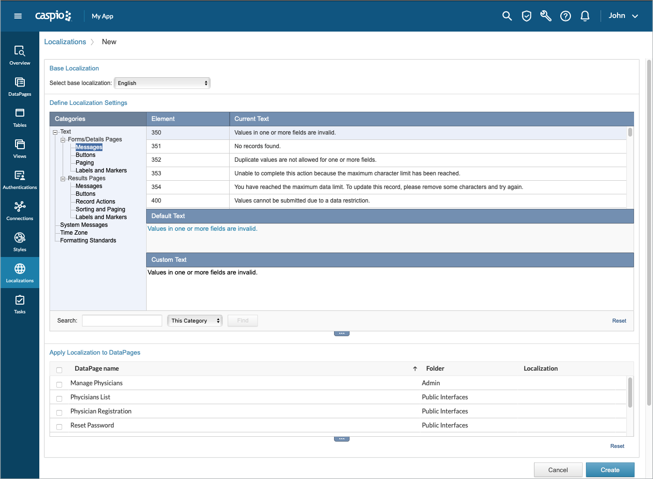 The editing view for a localization that shows different settings to adjust the language and date and time configuration.