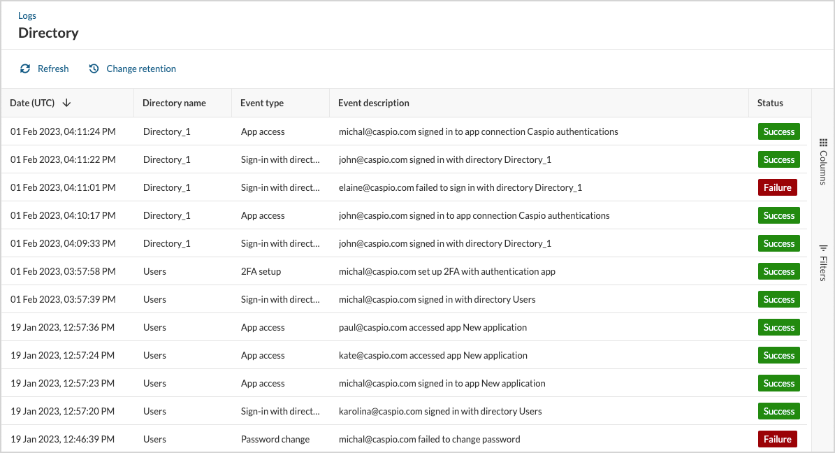A list of sample directory logs.