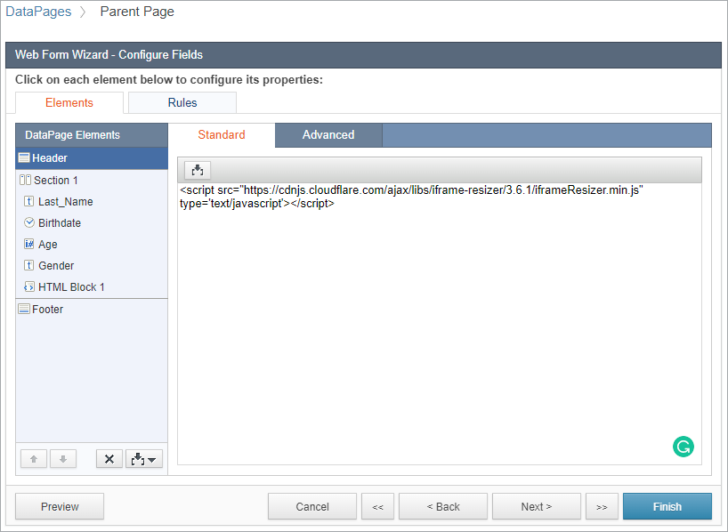Configure Fields wizard view showing the code to insert in the header.