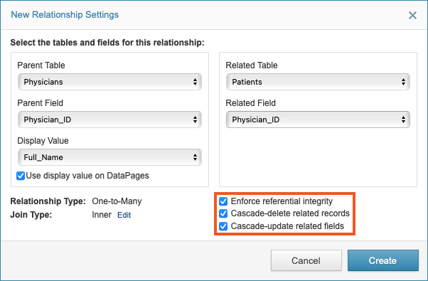 New Relationship Settings dialog box with the options for referential integrity selected.