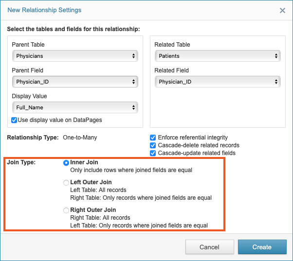 New Relationship Settings dialog box with selected options for join type.