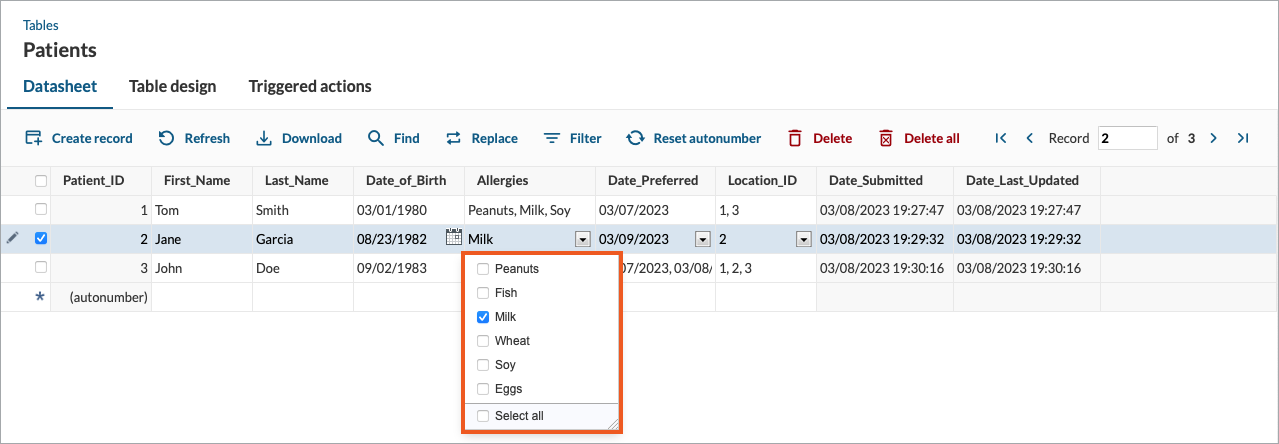 The datasheet view of a table presenting the list data type.