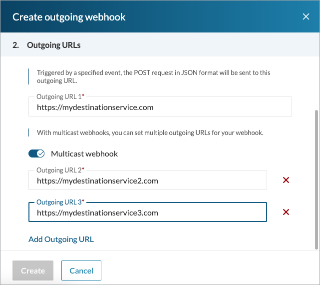 Outgoing URLs section of the Create outgoing webhook panel that shows controls for entering webhook URLs.