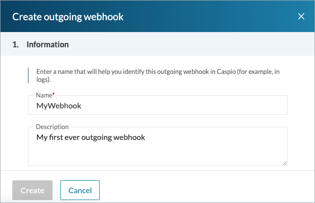 Information section for providing basic details of a webhook definition (name and description).