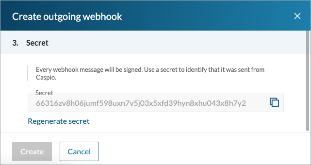 Secret section of the Create outgoing webhook panel that shows a secret key to copy to the destination service.