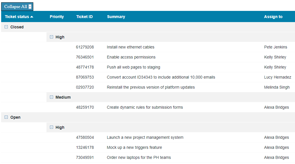 Sample expanded group of records on a tabular report.