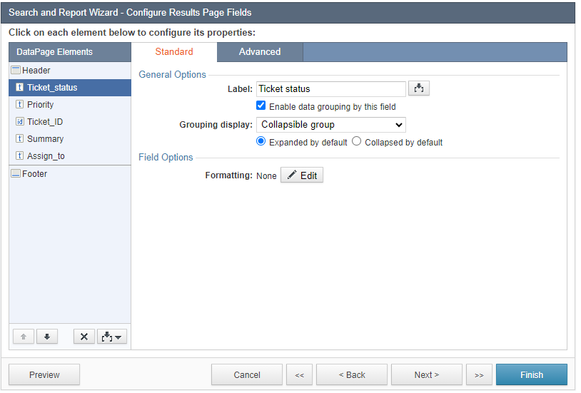 Grouping display settings for a sample field.