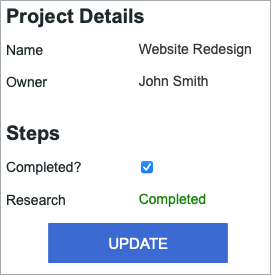 A sample DataPage showing project details with the status of the Research phase set as Completed with a distinguishing font color (green).