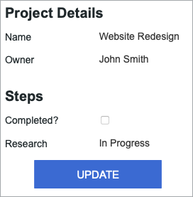 A sample DataPage showing project details with the status of the Research phase set as In Progress without any custom color.