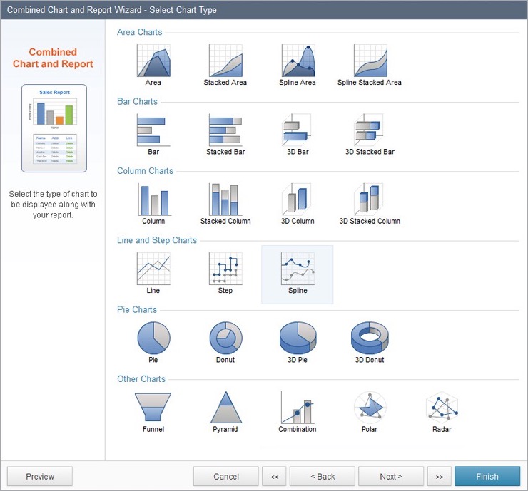 The Select Chart Type step for the Combined Chart and Report Wizard showing the selection of a chart for drawing the data from the report results.