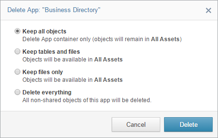 A dialog box showing options for deleting an app and related files.