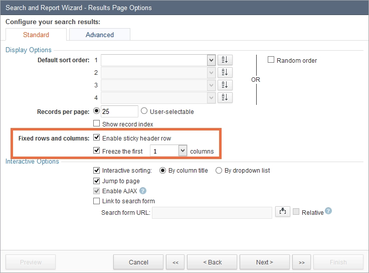 The Results Page Options dialog box showing controls for freezing a specific number of columns.