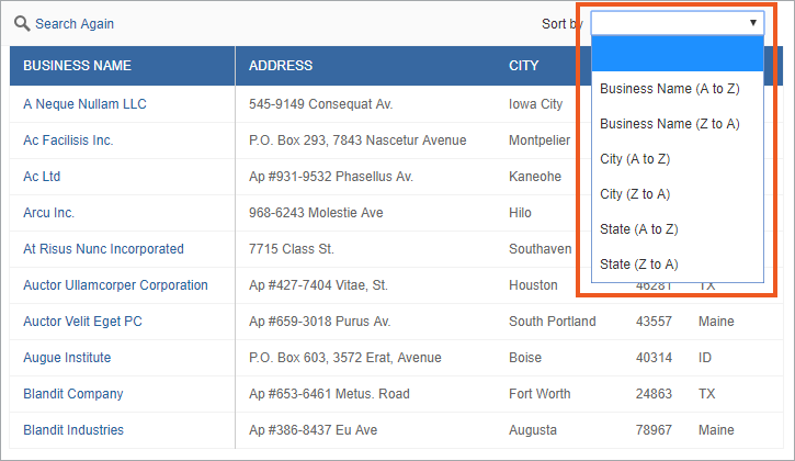 Sample sort by dropdown list.