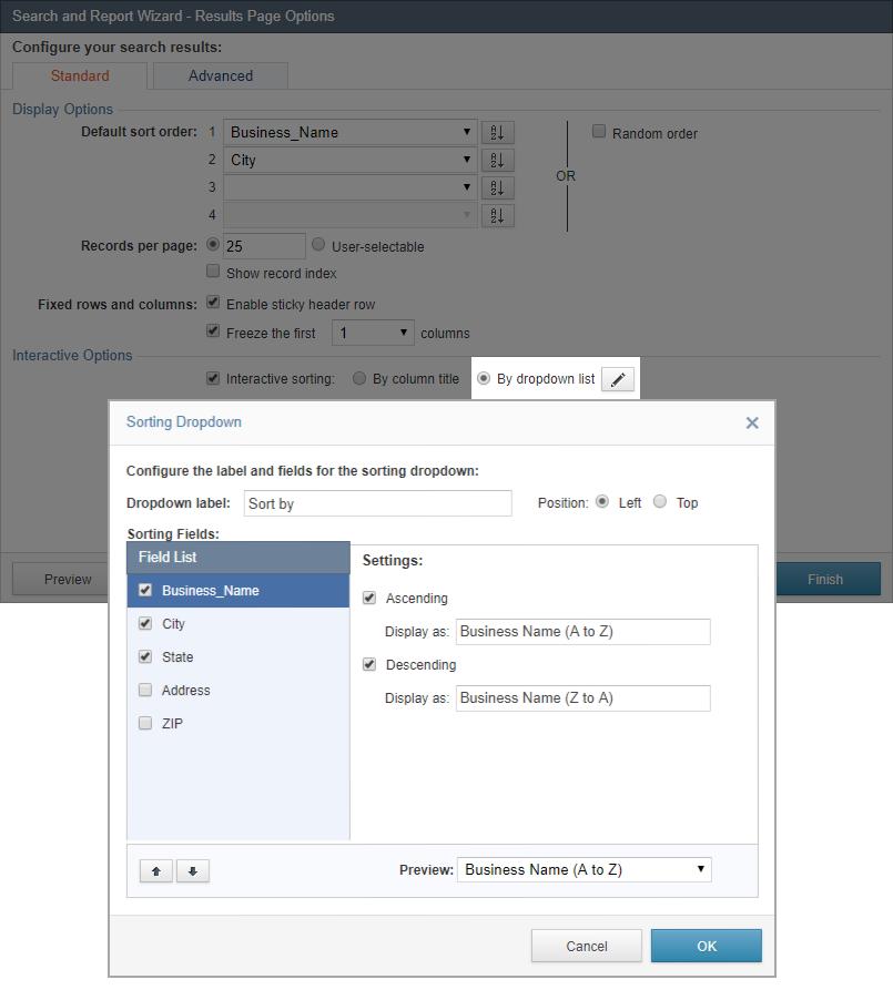 Diagram showing dropdown sorting configuration.