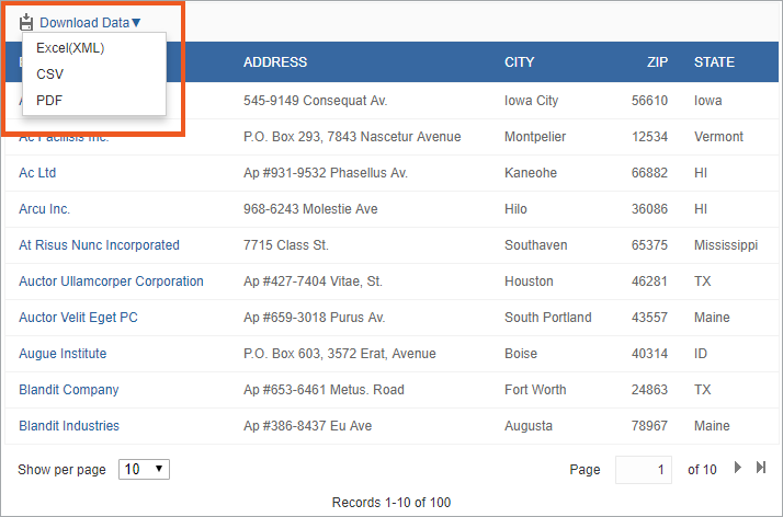 Sample results page with a list of available formats for data download.