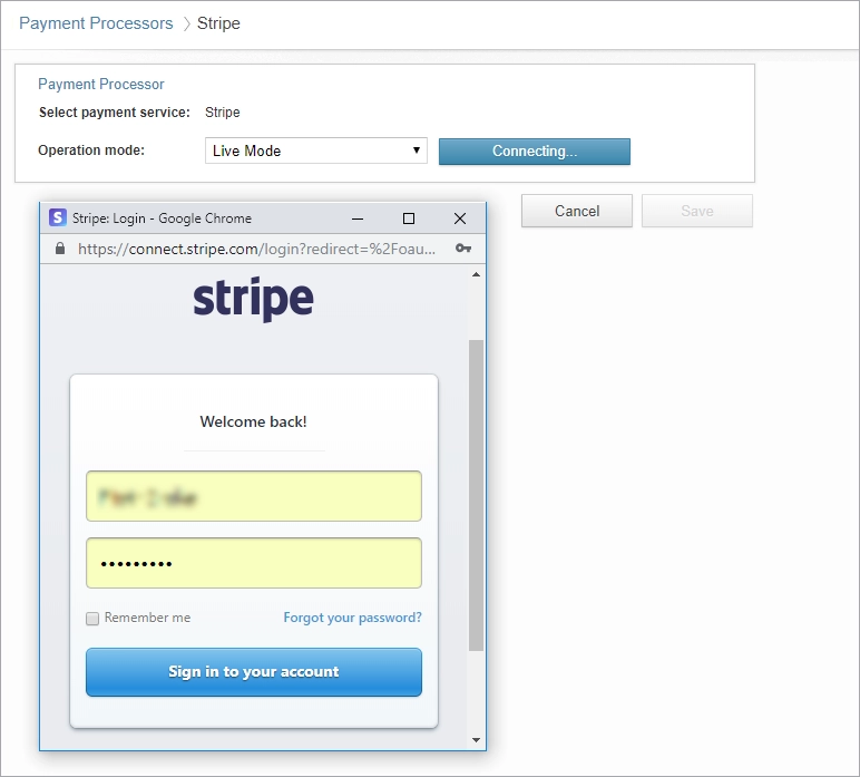 A dialog box showing a connection to a payment service.