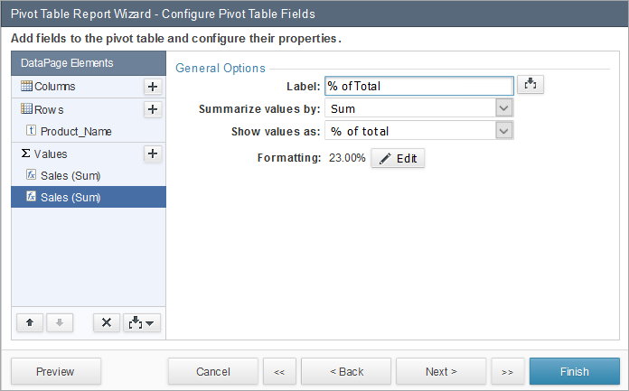Dialog box showing pivot table fields configuration.