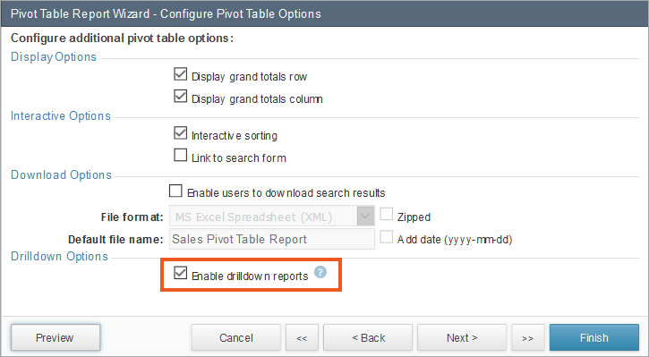 A dialog box showing how to enable drilldown reports.