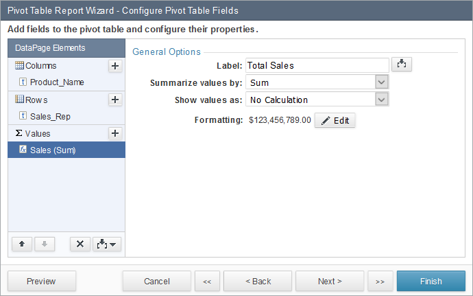 Field configuration for a summary report with grouping.