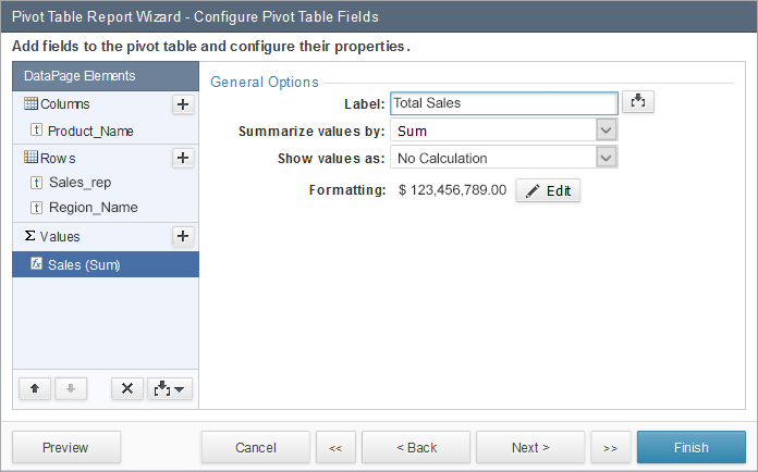 Configuration of a sample complex summary report.