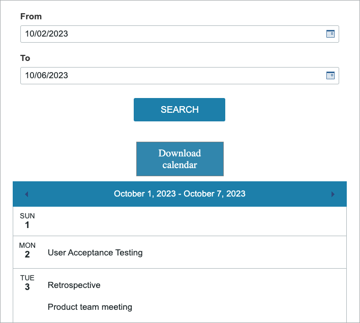 Sample Calendar DataPage with a search form and a download button