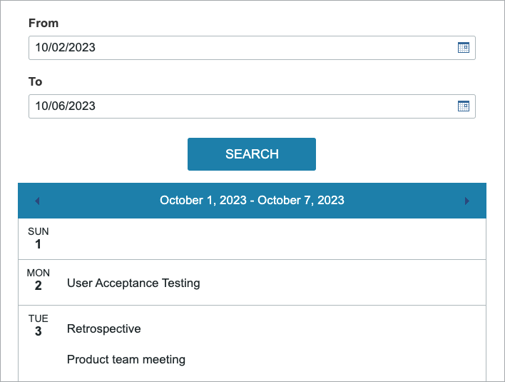 Sample Calendar DataPage with a search form.