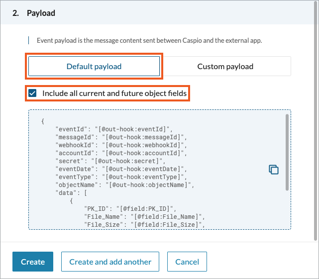 The Payload section of an events settings panel showing the default payload selection along with the preview