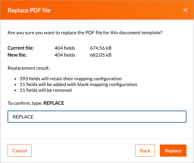 The confirmation message for source PDF file replacement showing the details of how the change will impact the template.