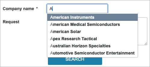 Sample search form showing an input field with an inserted character and a dropdown list of values from the database that start with that character.