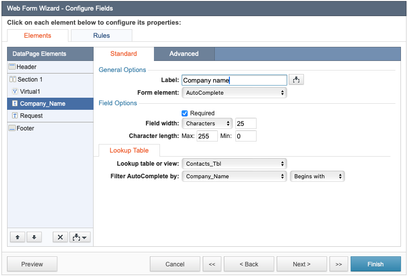 Configure Fields step of the Web Form Wizard showing the configuration of an autocomplete field.