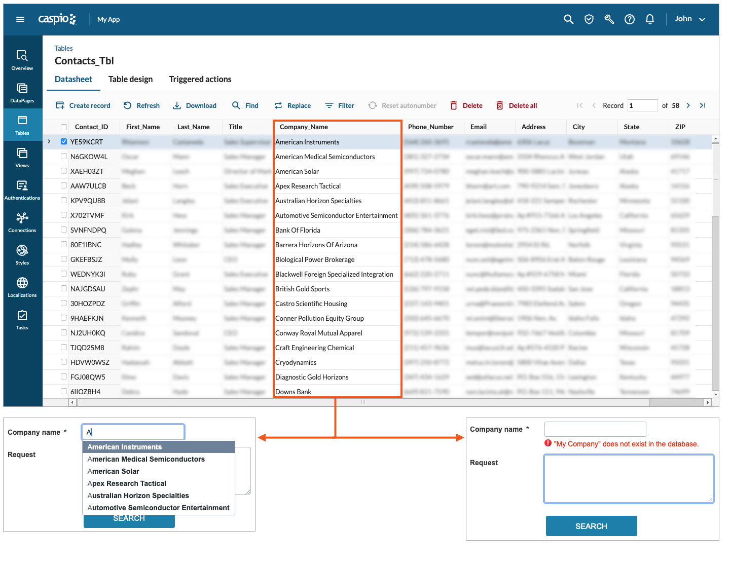 Datasheet view showing the Contacts_Tbl table with highlighted values for the Company_Name field, with two images showing the behavior of the submission form - the suggested values and an error message.