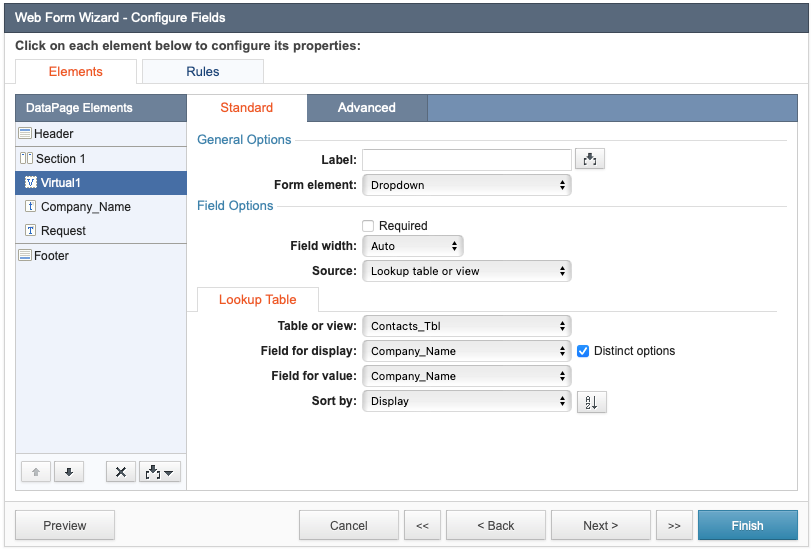 Configure Fields step of the Web Form Wizard showing the configuration of a virtual field.