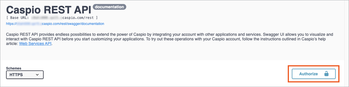 The Swagger UI documentation for Caspio REST API showing the Authorize button.