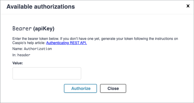 The available authorizations dialog box showing controls for entering the bearer token.