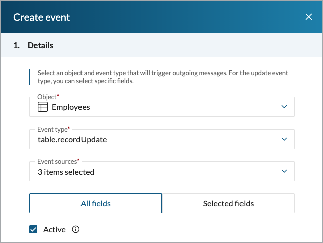 Details section of the Create event panel that shows basic settings for an event.