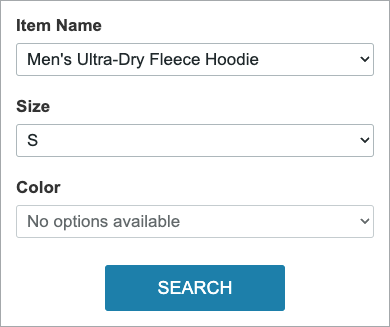 A search form showing a selected clothing item and size, with no Color values available for selection.