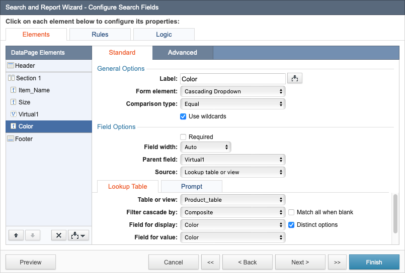 The Search and Report Wizard dialog box showing the controls for configuring the child cascading field.