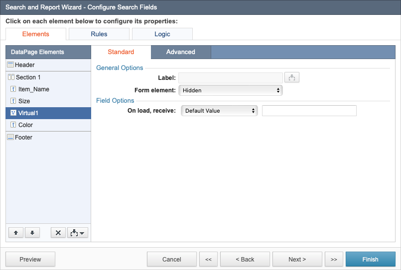 The Search and Report Wizard dialog box showing the settings for a sample virtual field.