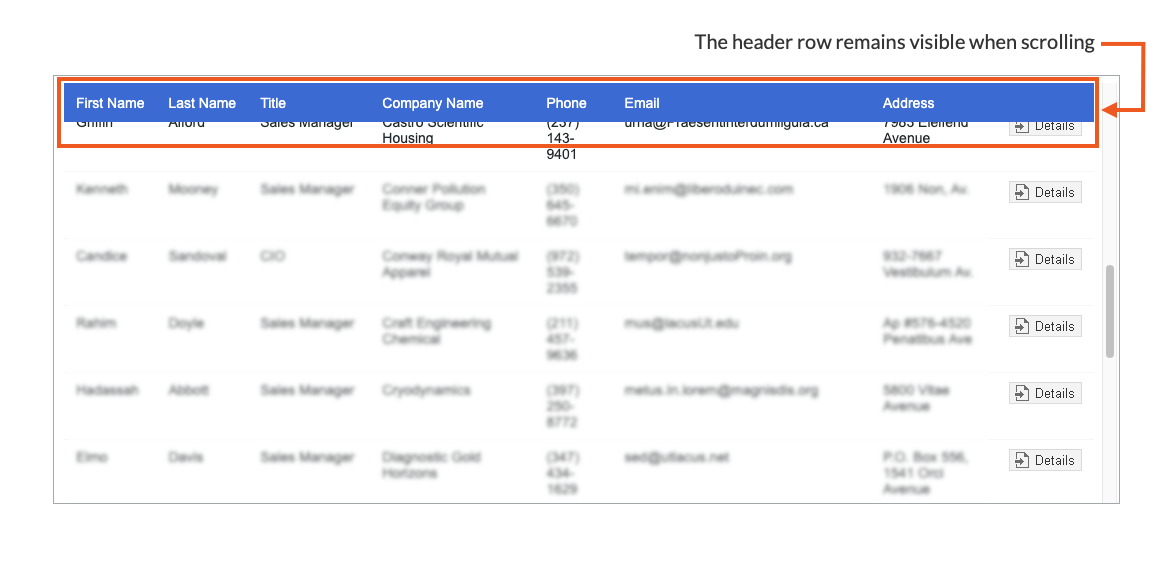 Sample tabular report showing the visibility of the header row while scrolling.