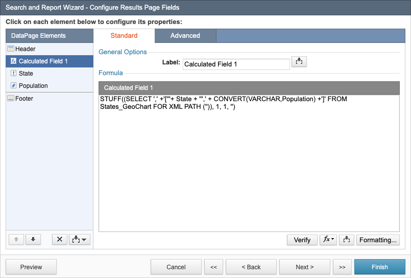 Search and Report Wizard dialog box showing the added calculated field formula.