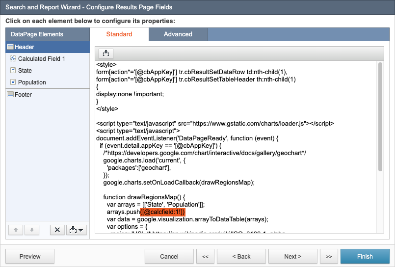 Search and Report Wizard dialog box showing the code that displays the geochart.