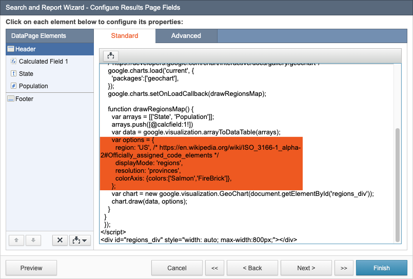 Search and Report Wizard dialog box showing the code that you can use to customize the geochart display.