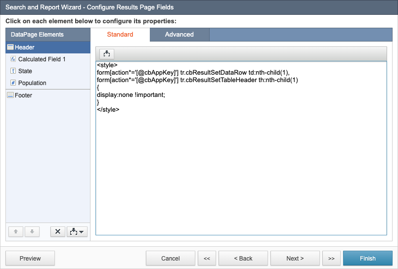 Search and Report Wizard dialog box showing the code that hides the values of the calculated field from the DataPage.