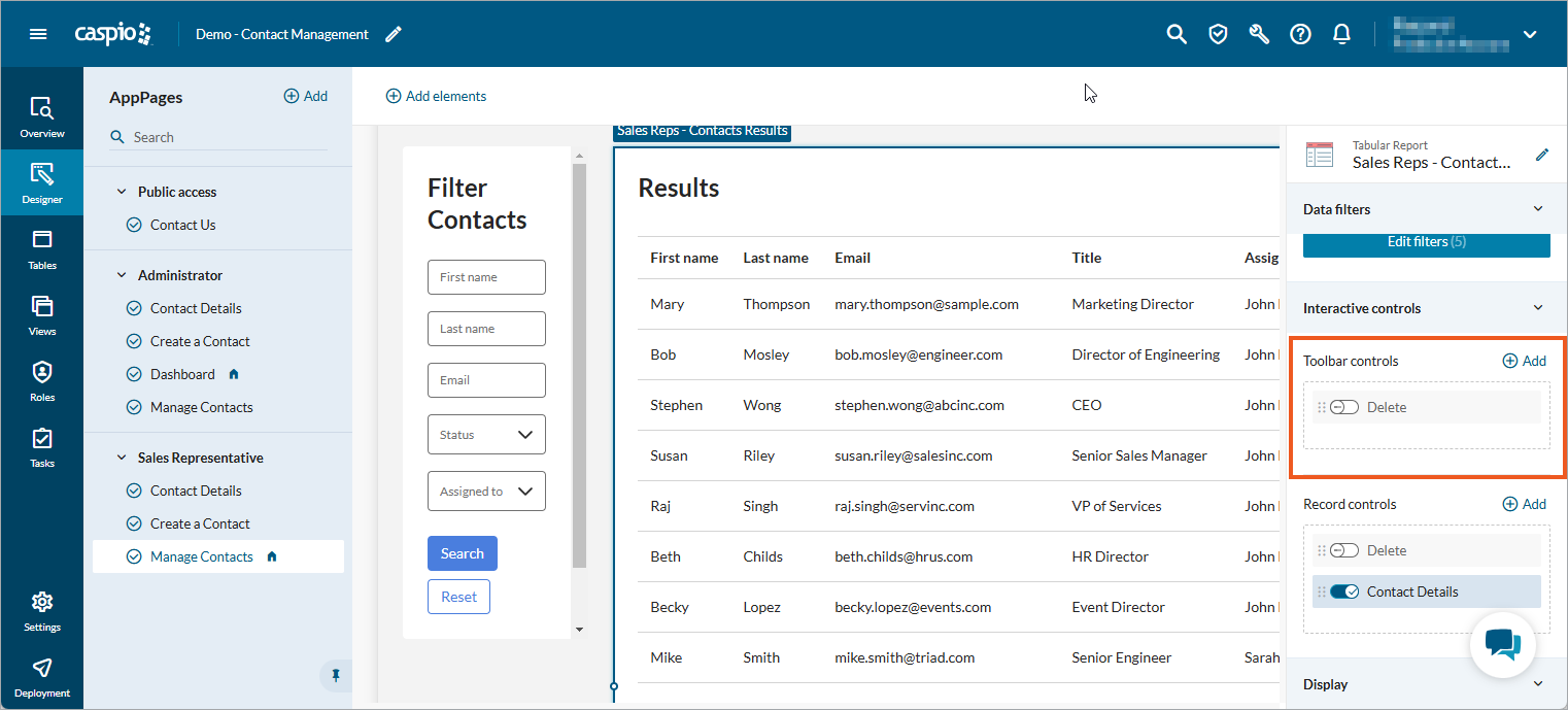 Toolbar controls panel