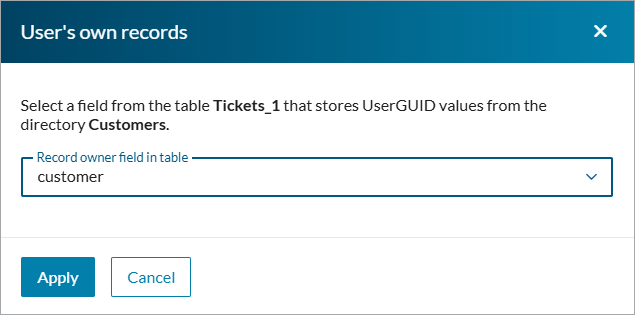 The User's Own Records dialog box showing the controls for selecting the field that contains information about the record owner.