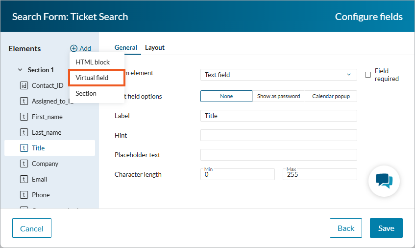 Image showing the virtual field option in Search Forms