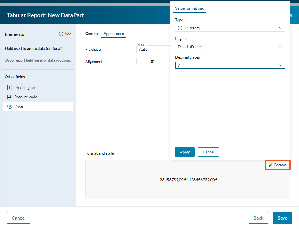 Example image of the formatting panel.