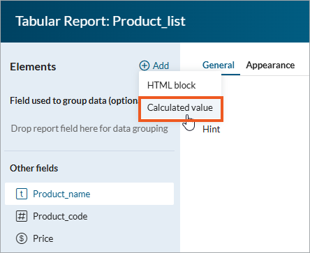 Screenshot showing the Calculated value option in menu