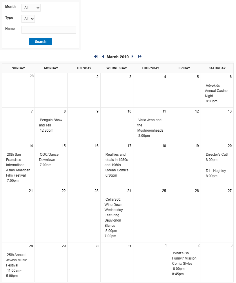 Example image of a Monthly Calendar DataPage.